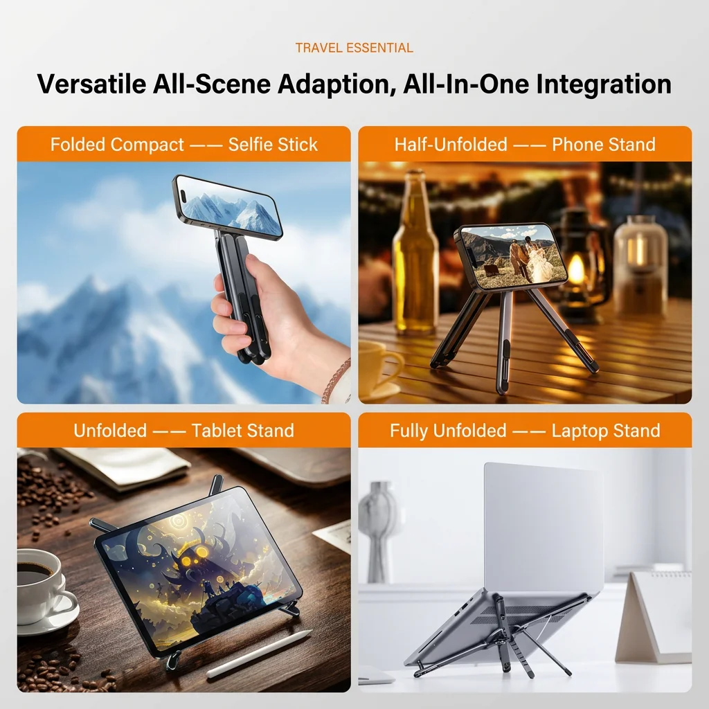 Soporte magnético 4 en 1 en configuraciones para selfie stick, teléfono, tablet y laptop