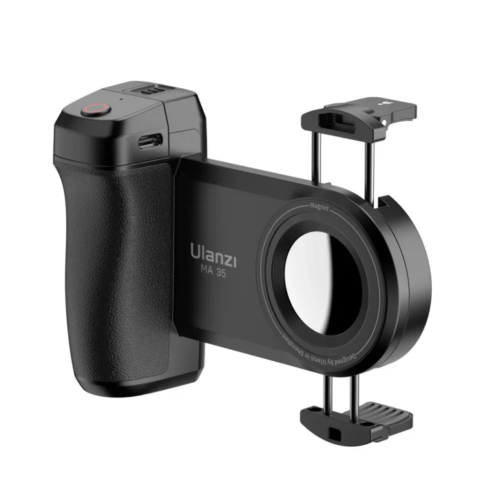 Ulanzi MA35 grip with the phone clamp open for non-MagSafe phones